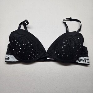 Bebe Women Bra 34C Black Push Up Underwired Lace Rhinestone Logo Microfiber